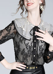 Fitted Black Peter Pan Collar Lace Patchwork Neck Tie Silk Tops Long Sleeve