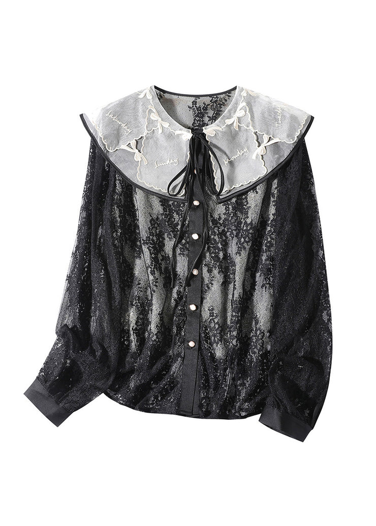 Fitted Black Peter Pan Collar Lace Patchwork Neck Tie Silk Tops Long Sleeve