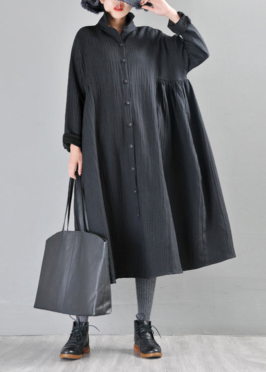 Fitted Black Peter Pan Collar Patchwork Button Linen Trench Coats Long Sleeve
