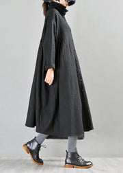 Fitted Black Peter Pan Collar Patchwork Button Linen Trench Coats Long Sleeve