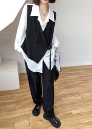 Fitted Black Peter Pan Collar Pockets Asymmetrical Design Fall Two Piece Set - SooLinen