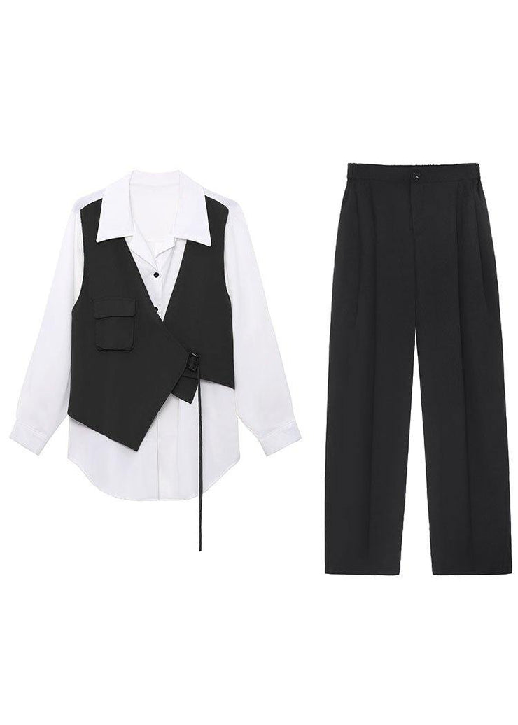 Fitted Black Peter Pan Collar Pockets Asymmetrical Design Fall Two Piece Set - SooLinen