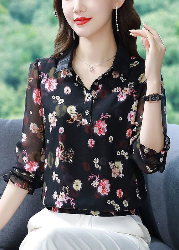 Fitted Black Peter Pan Collar Print Chiffon Blouses Spring