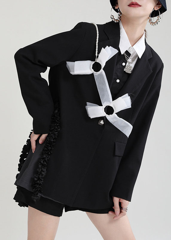 Taillierter schwarzer PeterPan-Kragen Patchwork asymmetrisches Design Herbst Langarm-Mantel
