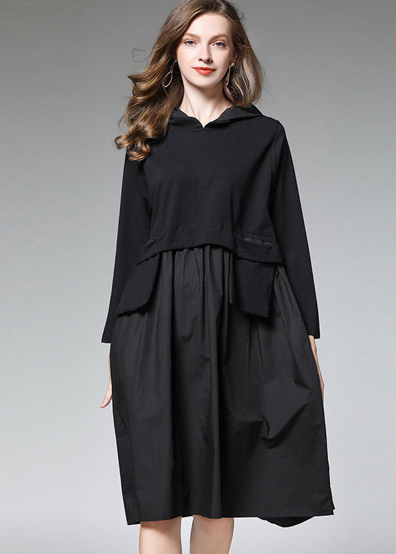 Tailliertes schwarzes Taschen-Langarm-Herbstkleid