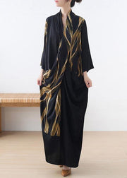 Fitted Black Print Chiffon asymmetrical design Summer Holiday Dress - SooLinen