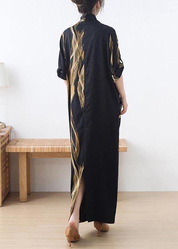 Fitted Black Print Chiffon asymmetrical design Summer Holiday Dress - SooLinen