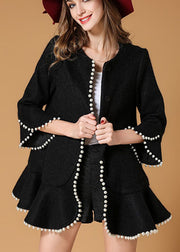 Fitted Black Ruffled Button Skinny Fall Woolen coats