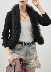 Fitted Black Ruffled Patchwork Knit Cardigan Spring