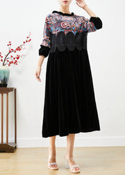 Fitted Black Ruffled Patchwork Print Silk Velour Maxi Dresses Fall