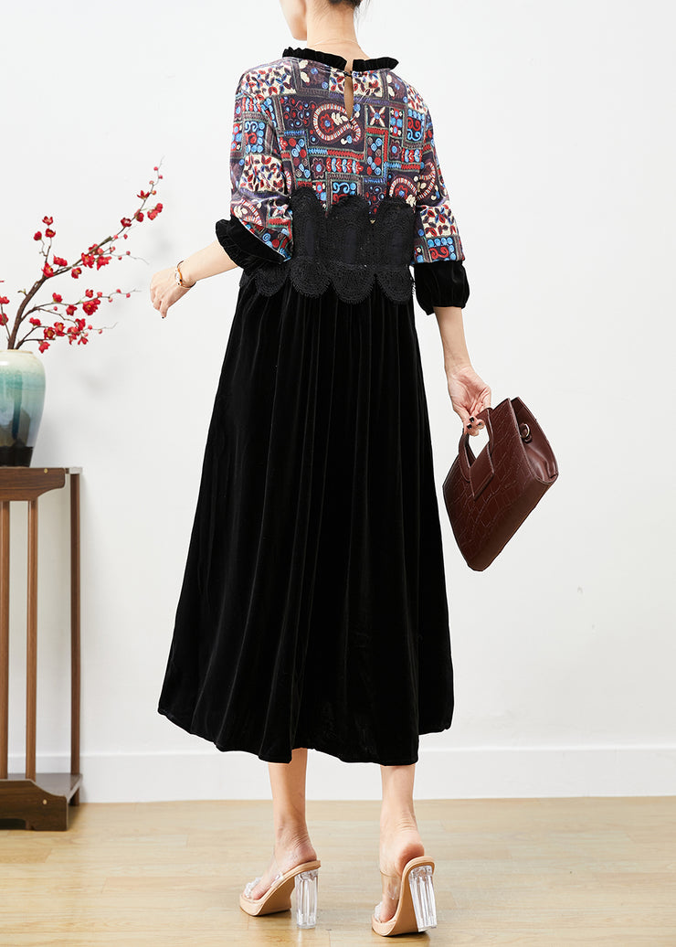 Fitted Black Ruffled Patchwork Print Silk Velour Maxi Dresses Fall