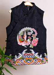 Fitted Black Stand Collar Embroidered Floral Button Waistcoat Fall