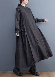 Fitted Black Stand Collar Exra Large Hem Denim A Line Dress Fall