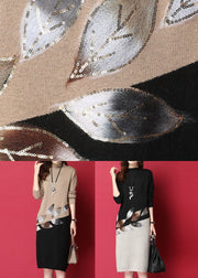 Tailliertes schwarzes Patchwork-Strickpulloverkleid mit Stehkragen und langen Ärmeln