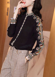 Fitted Black Stand Collar Patchwork Print Silk Shirt Spring