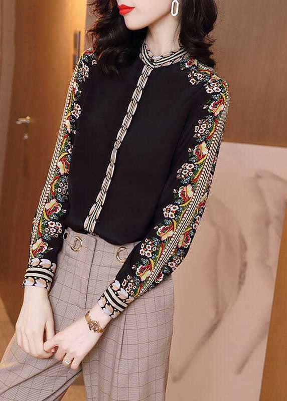 Fitted Black Stand Collar Patchwork Print Silk Shirt Spring