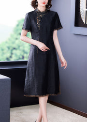 Fitted Black Stand Collar Zippered Embroidered Side Open Silk Dresses Short Sleeve