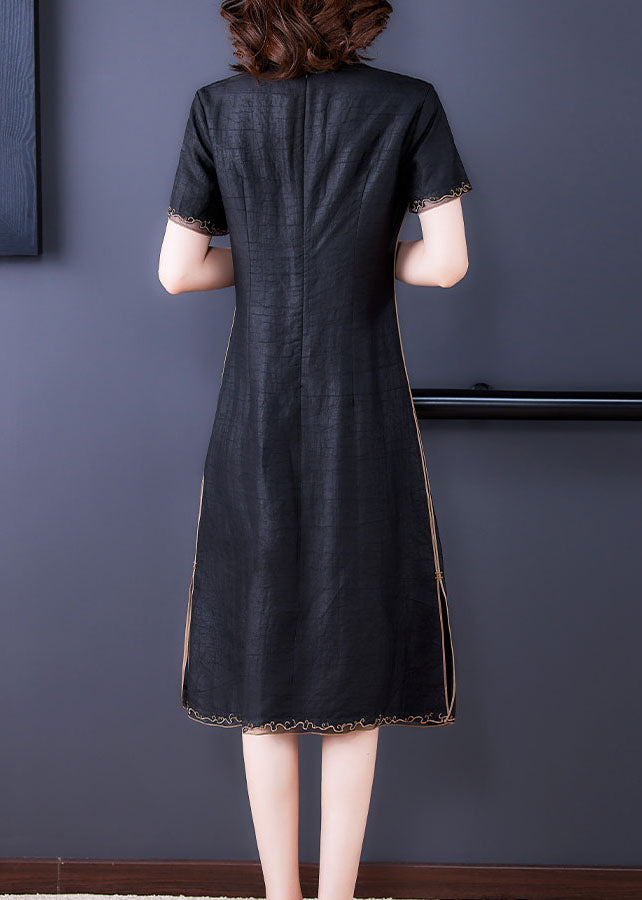Fitted Black Stand Collar Zippered Embroidered Side Open Silk Dresses Short Sleeve