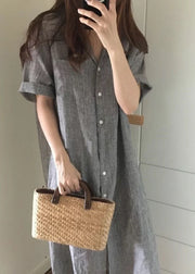 Fitted Black Striped Oversized Linen Maxi Dresses Short Sleeve