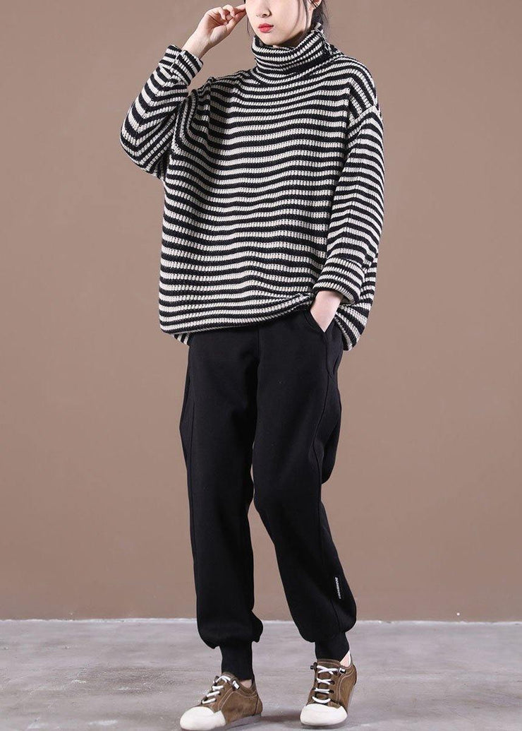 Fitted Black Striped Turtleneck Fall Knit Sweater - SooLinen