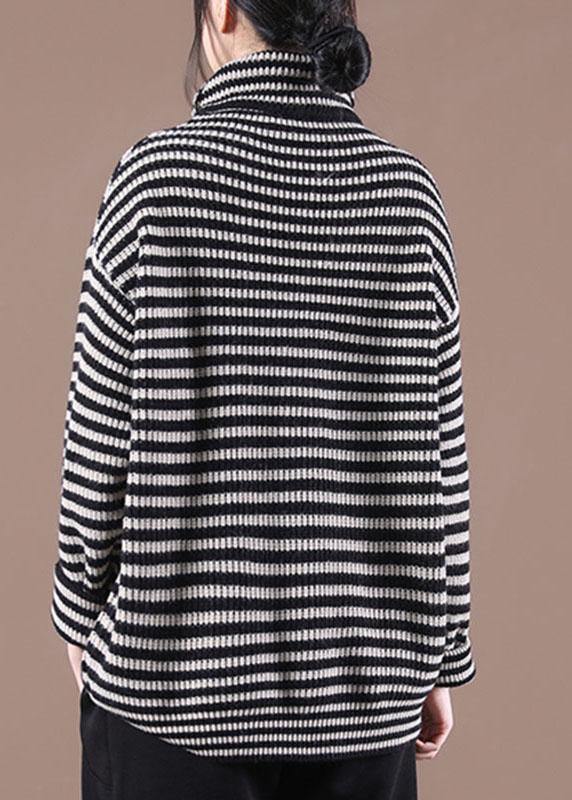 Fitted Black Striped Turtleneck Fall Knit Sweater - SooLinen