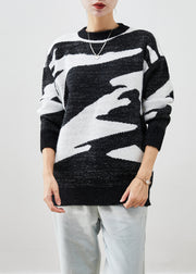 Fitted Black Thick Cow Print Knit Short Sweater Fall