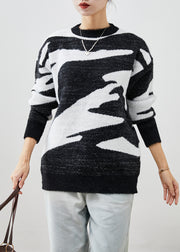 Fitted Black Thick Cow Print Knit Short Sweater Fall