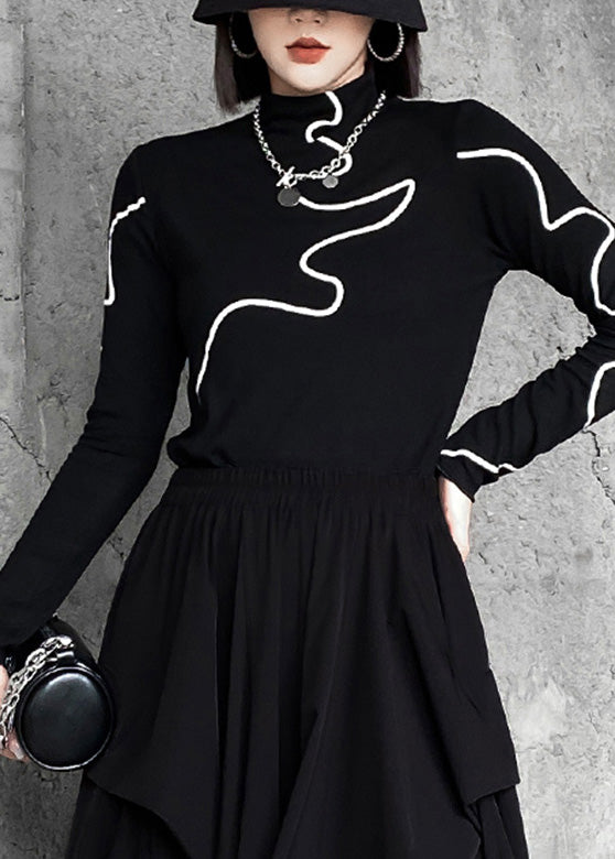 Fitted Black Turtleneck Striped Knit T Shirt Spring