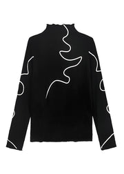 Fitted Black Turtleneck Striped Knit T Shirt Spring