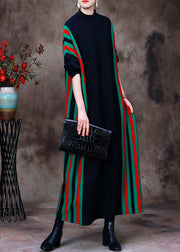 Fitted Black Turtleneck Striped Patchwork Knit Long Sweater Dress Long Sleeve
