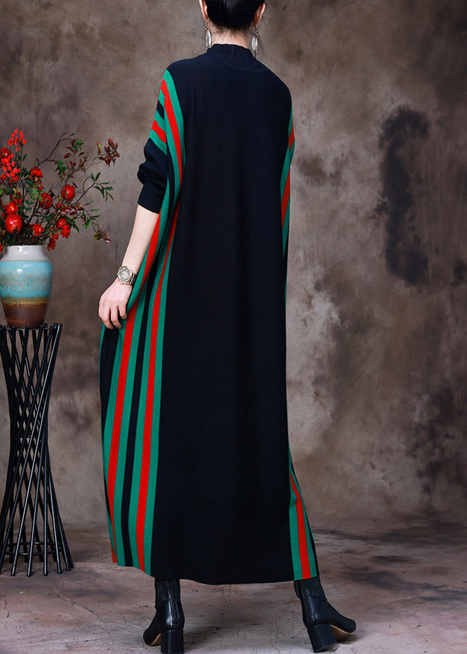 Fitted Black Turtleneck Striped Patchwork Knit Long Sweater Dress Long Sleeve
