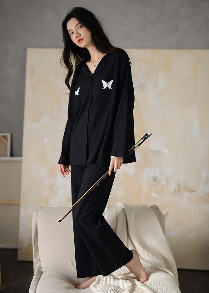 Fitted Black V Neck Butterfly Embroidered Cotton Pajamas Two Pieces Set Long Sleeve