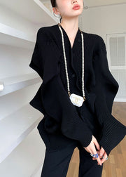 Taillierter schwarzer V-Ausschnitt mit asymmetrischem Design im Herbst-Pullover-Mantel