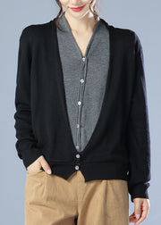 Fitted Black V Neck Solid Knit Cardigan Winter