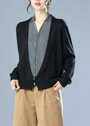Fitted Black V Neck Solid Knit Cardigan Winter