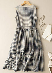 Fitted Black White Plaid O-Neck Patchwork Tie Waist Maxi Dress Summer
