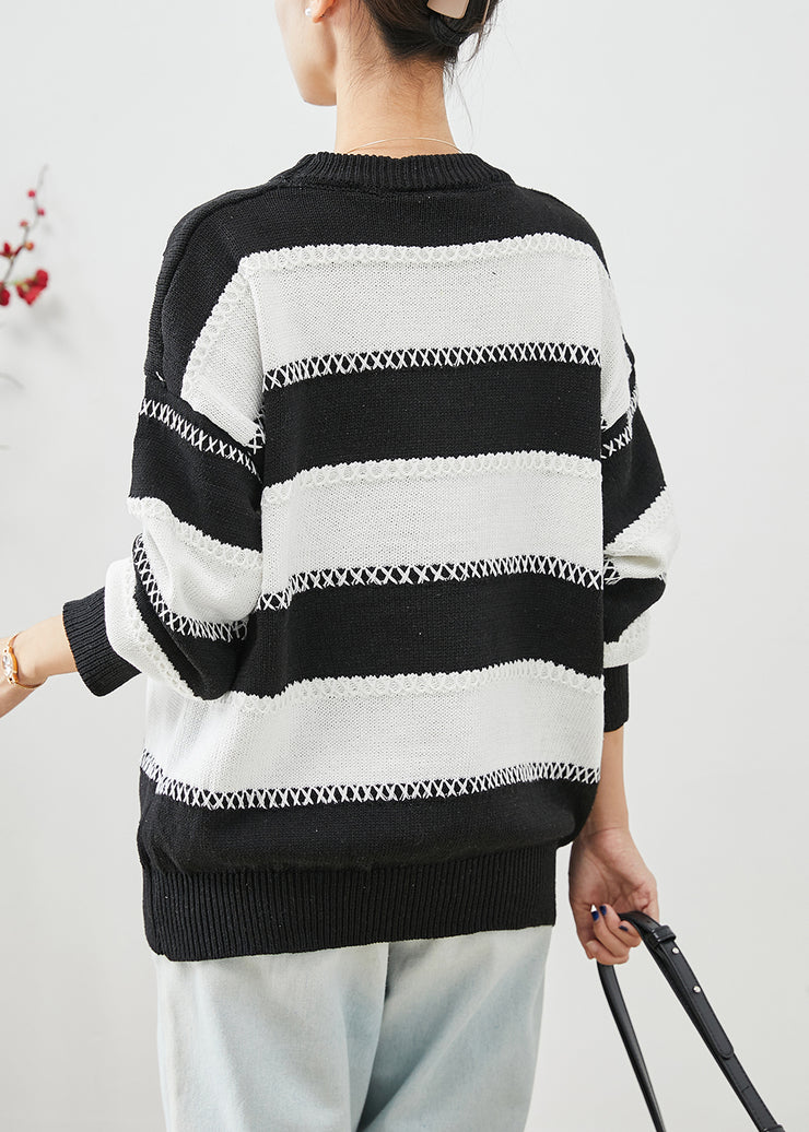 Fitted Black White Striped Letter Embroidered Knitted Tops Winter