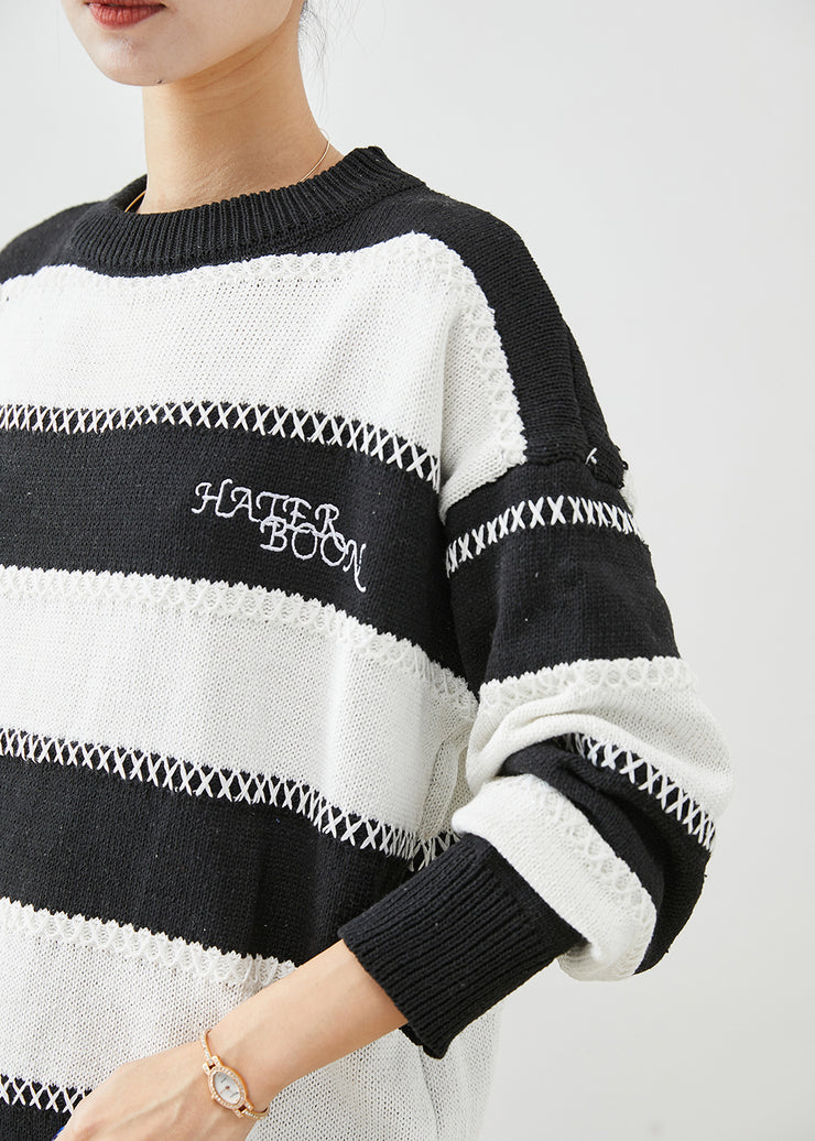 Fitted Black White Striped Letter Embroidered Knitted Tops Winter