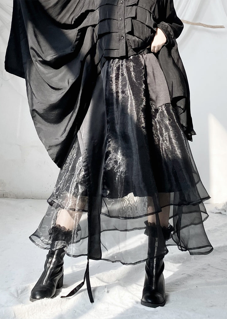 Fitted Black Wrinkled Elastic Waist Layered Tulle Maxi Skirts