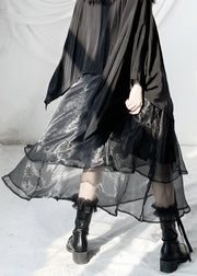Fitted Black Wrinkled Elastic Waist Layered Tulle Maxi Skirts
