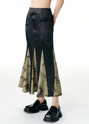 Fitted Black Wrinkled Print Patchwork Cotton Skirts Fall