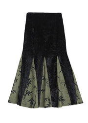 Fitted Black Wrinkled Print Patchwork Cotton Skirts Fall