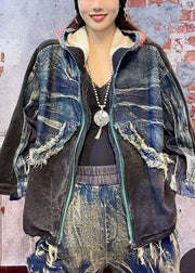 Fitted Black hooded Patchwork Fall Denim Long sleeve Coat