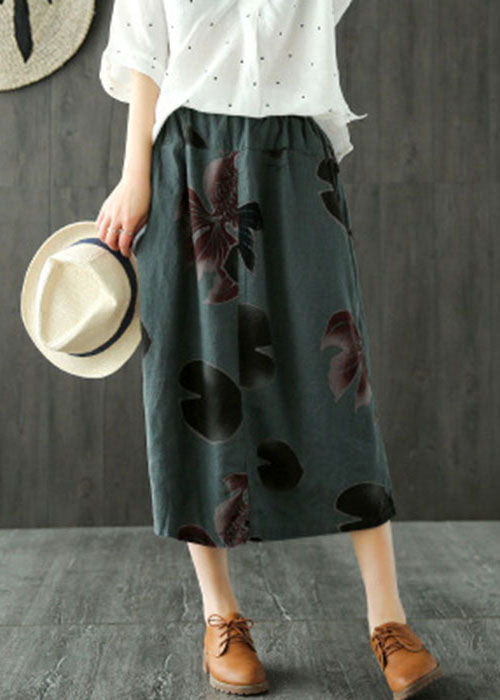 Fitted Blackish Green High Waist Pockets Print Side Open Linen Skirts Summer