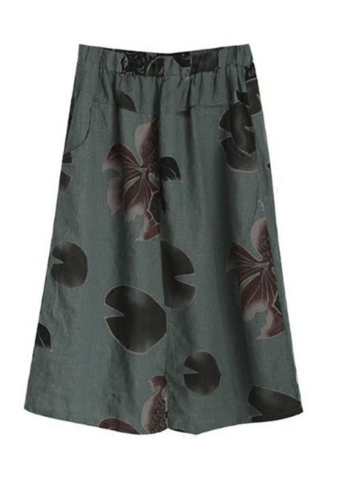 Fitted Blackish Green High Waist Pockets Print Side Open Linen Skirts Summer