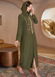 Fitted Blackish Green Sequins Patchwork Hooded Long Dresses Long Sleeve