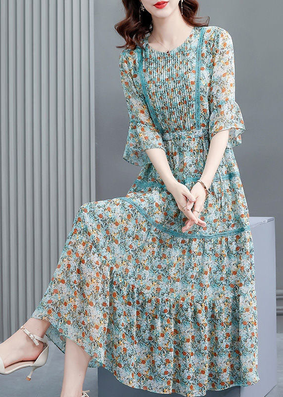 Fitted Blue Cinched Patchwork Wrinkled Chiffon Long Dresses Summer