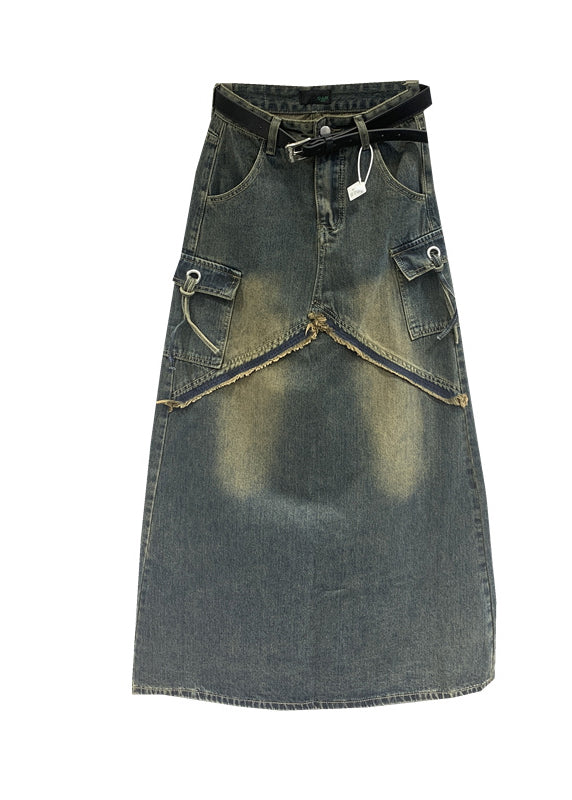 Fitted Blue High Waist Design Pockets Patchwork Denim Skirts Fall