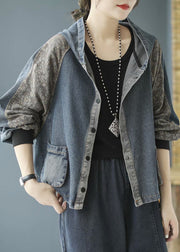 Fitted Blue Hooded Patchwork denim Coat