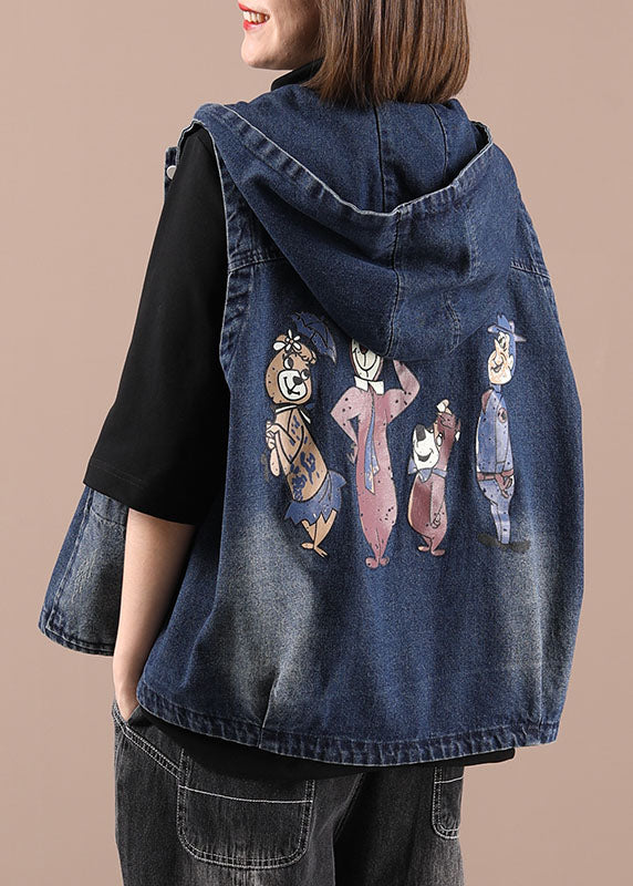 Fitted Blue Hooded Pockets Print Fall Tops Waistcoat